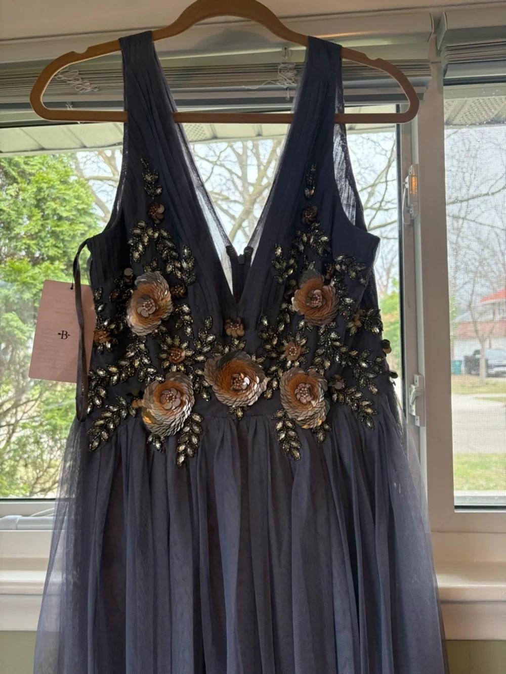 BHLDN Slate Blue Tulle Gown with Metallic Floral Embroidery NWT - Picture 2 of 9